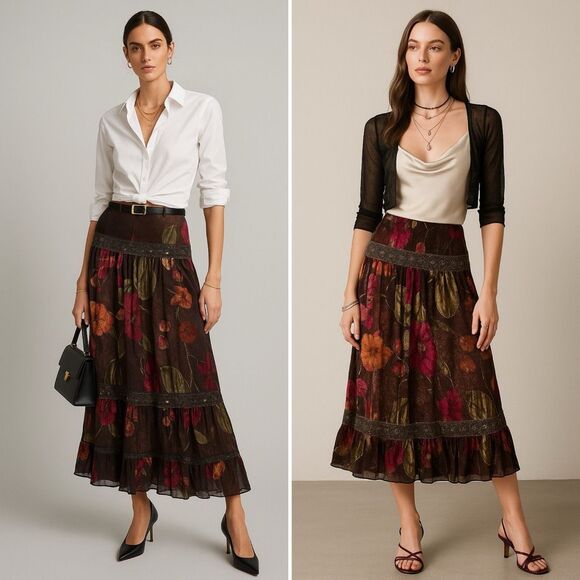 Y2K Debbie Shuchat Burnout Velvet Maxi Skirt 8 Boho Festival Whimsigoth Flaw - Picture 2 of 16